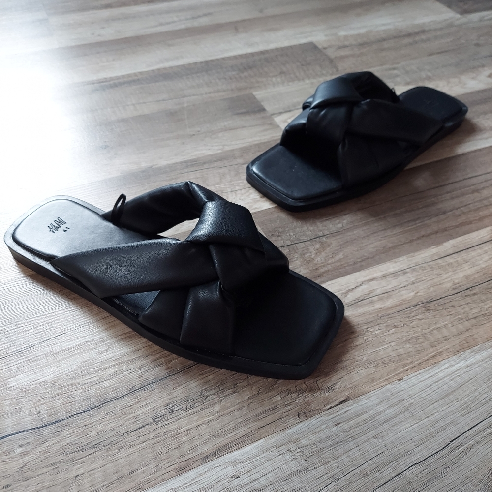 H&M Slip On Flat Slide Sandal Black Braided Straps Size 10 - Picture 2 of 11
